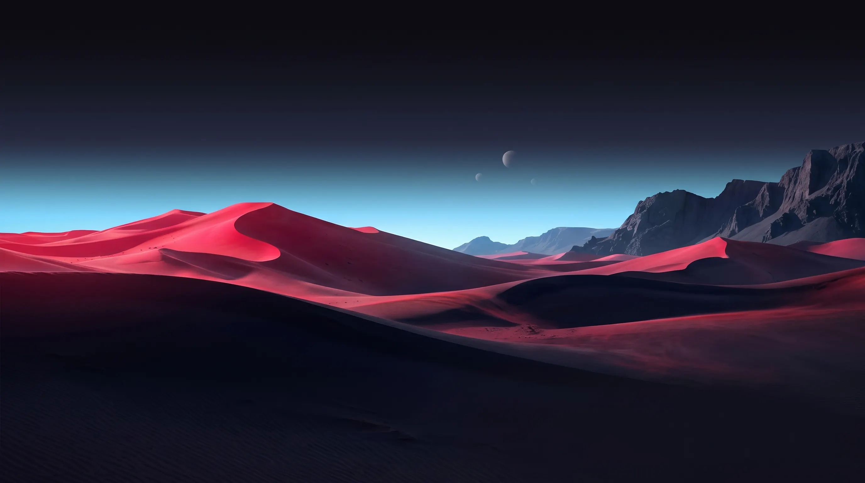 Red sand dunes under a dark sky with a cyan horizon and distant moons.