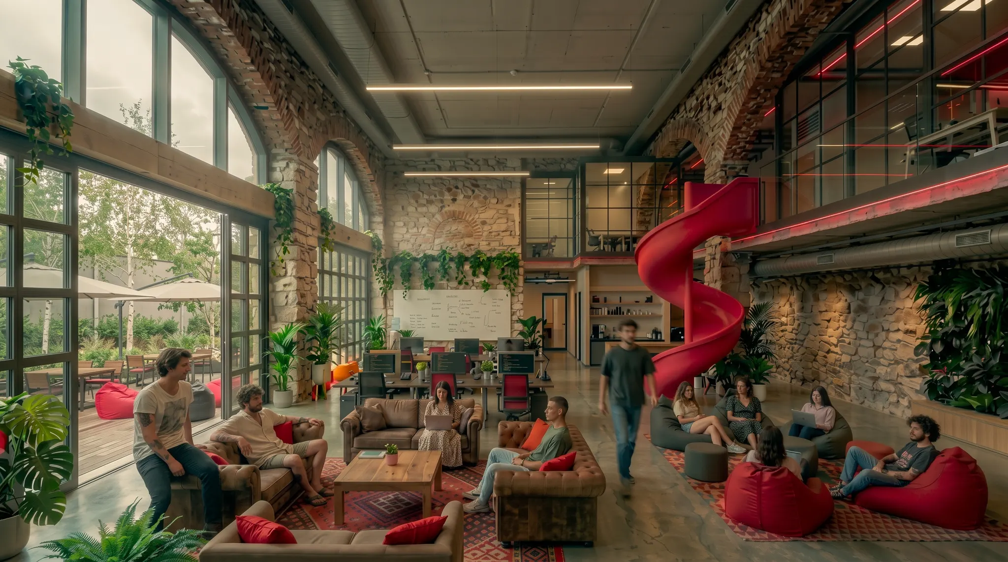 Riftion's studio: a converted brick-and-stone hall with arched windows, a red spiral slide, leather sofas and the team working between desks and bean bags.